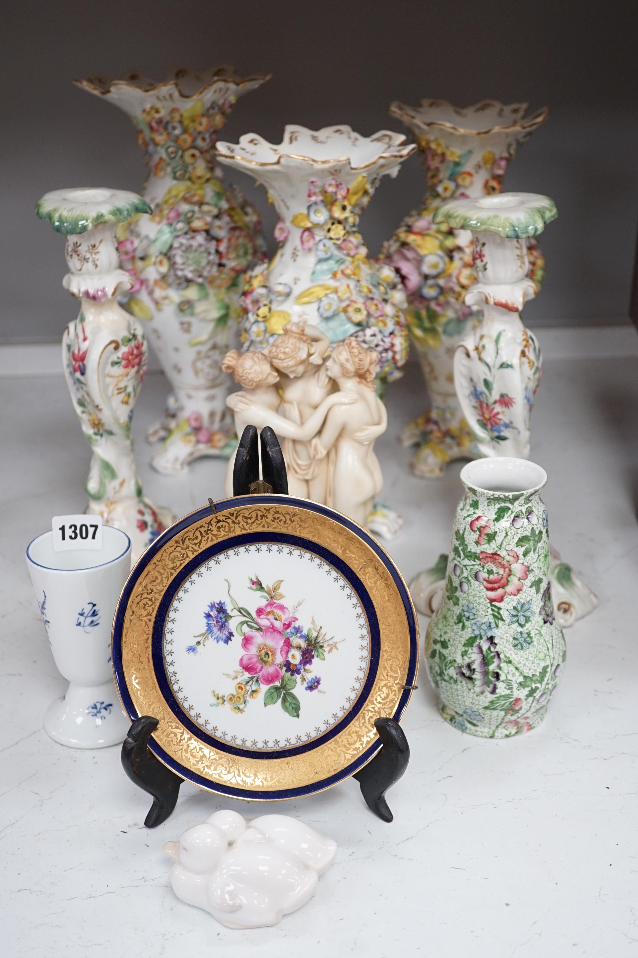 A set of three Victorian Coalbrookdale type vases, a Continental Three Graces group and sundry ceramics, tallest 34cm